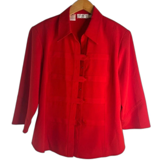 Kathy Che Stretch‎ Power Red 1/2 Sleeve Tab Button Front Blouse Sz 14 - Picture 9 of 9